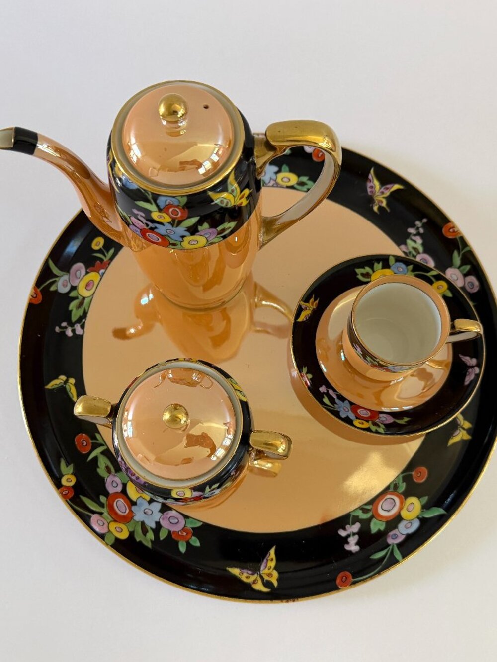 Noritake M Vintage Japan Lusterware  Floral Butterfly 7 Pieces Coffee Set